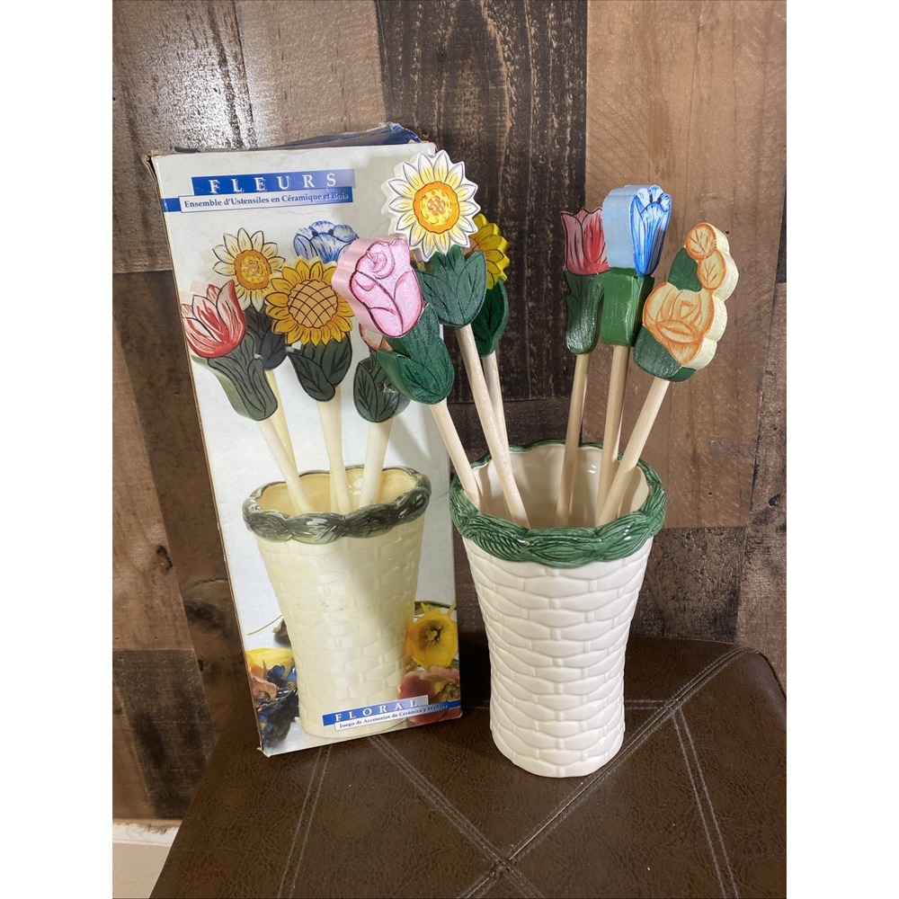 Wooden Cooking‎ Utensil 6 Hand Painted Flower Handle Ceramic Basket Tool Holder - Picture 4 of 16